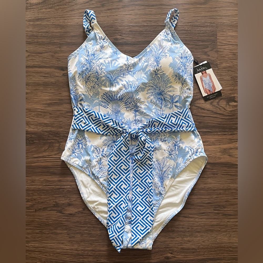 NICOLE MILLER Blue and White One Piece Swimsuit with Adjustable Straps